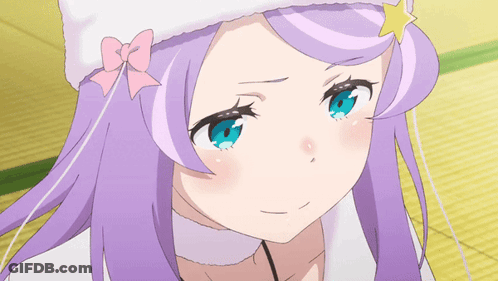 A Girl With Purple Hair And Blue Eyes Has A Star On Her Hat GIF