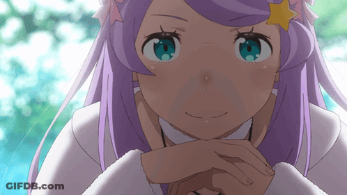 A Girl With Purple Hair And Blue Eyes Has A Star On Her Head GIF