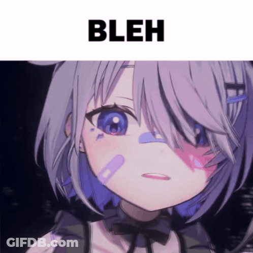 A Girl With Purple Hair And Blue Eyes Has Bleh Written Below Her GIF
