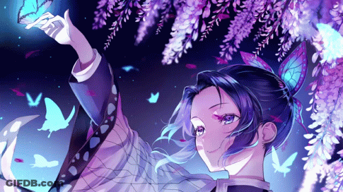 A Girl With Purple Hair And Blue Eyes Is Holding A Blue Butterfly GIF