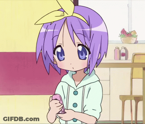 A Girl With Purple Hair And Blue Eyes Is Holding A Pink Phone GIF