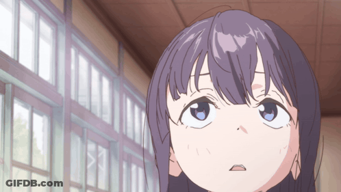 A Girl With Purple Hair And Blue Eyes Is Looking At Something GIF