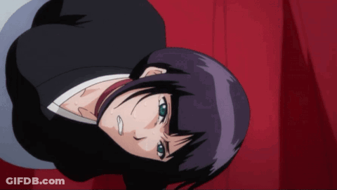 A Girl With Purple Hair And Blue Eyes Is Looking Up GIF