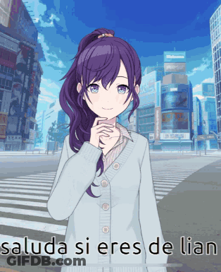 A Girl With Purple Hair And Blue Eyes Is Standing In Front Of A City With The Words Saluda Si Eres De Lian Below Her GIF