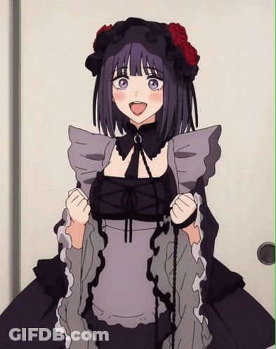 A Girl With Purple Hair And Blue Eyes Is Wearing A Black And Gray Dress GIF