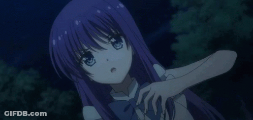 A Girl With Purple Hair And Blue Eyes Looks Up At The Sky GIF