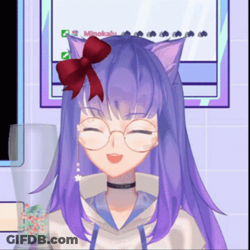 A Girl With Purple Hair And Cat Ears Is Smiling In Front Of A Mirror GIF
