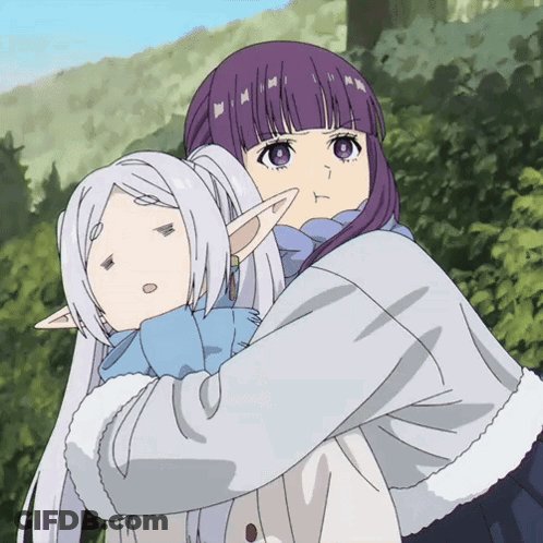 A Girl With Purple Hair And Ears Is Hugging Another Girl With White Hair GIF