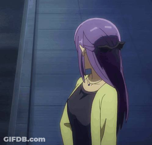 A Girl With Purple Hair And Glasses Is Standing In Front Of A Purple Light GIF