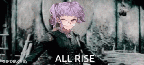 A Girl With Purple Hair And Glasses Is Standing In Front Of A Wall And Says `` All Rise '' . GIF