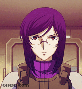 A Girl With Purple Hair And Glasses Is Wearing A Brown Vest GIF