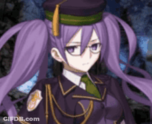 A Girl With Purple Hair And Glasses Is Wearing A Purple Uniform And A Hat . GIF