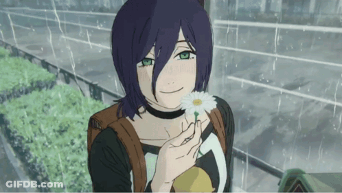 A Girl With Purple Hair And Green Eyes Holds A Flower In Her Hand GIF