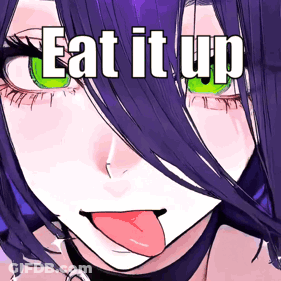 A Girl With Purple Hair And Green Eyes Is Sticking Her Tongue Out And The Words Eat It Up Are Above Her GIF