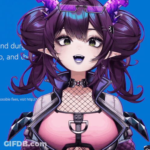 Girl With Purple Hair And Horns In Front Of Blue Screen GIF