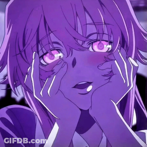 A Girl With Purple Hair And Pink Eyes Covering Her Face GIF