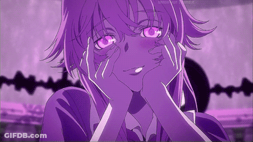 A Girl With Purple Hair And Pink Eyes Is Making A Funny Face GIF