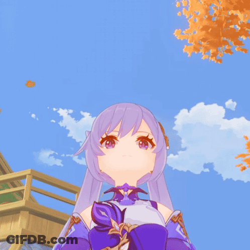 A Girl With Purple Hair And Pink Eyes Is Standing In Front Of A Blue Sky GIF