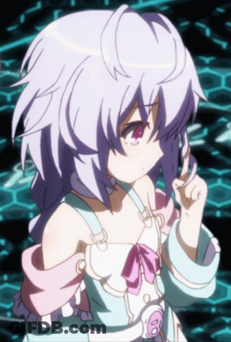 A Girl With Purple Hair And Pink Eyes Is Wearing A White And Pink Dress GIF
