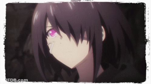 A Girl With Purple Hair And Pink Eyes Looks Down GIF