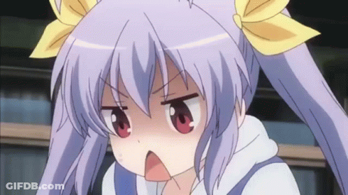 A Girl With Purple Hair And Red Eyes Has A Yellow Bow In Her Hair GIF