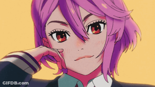 A Girl With Purple Hair And Red Eyes Has Her Hand On Her Face GIF