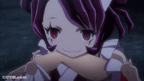 A Girl With Purple Hair And Red Eyes Is Holding A Stuffed Animal GIF
