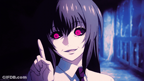 A Girl With Purple Hair And Red Eyes Is Pointing Upwards GIF