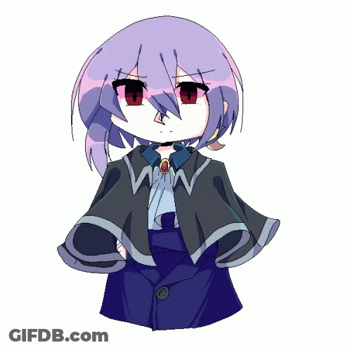 A Girl With Purple Hair And Red Eyes Is Wearing A Black Cape GIF