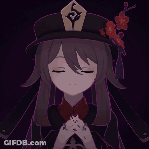 A Girl With Purple Hair And Red Eyes Is Wearing A Black Hat GIF