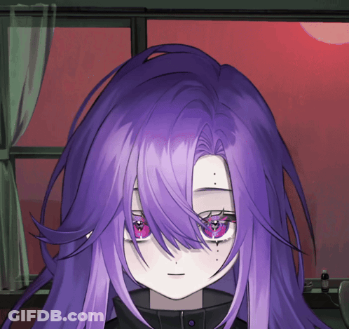 A Girl With Purple Hair And Red Eyes Looks At The Camera GIF