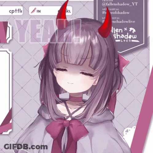 A Girl With Purple Hair And Red Horns Has Fallen Shadow Written On The Bottom GIF