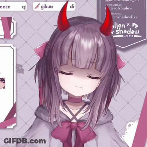 A Girl With Purple Hair And Red Horns Is Standing In Front Of A Sign That Says Glikun GIF