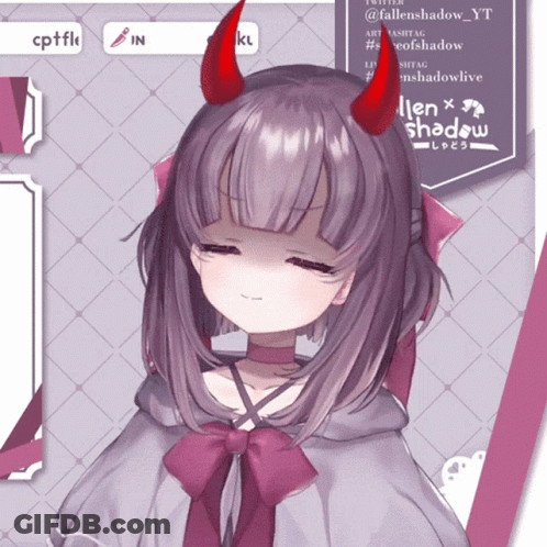A Girl With Purple Hair And Red Horns Is Standing In Front Of Fallen Shadow GIF