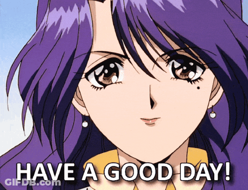 A Girl With Purple Hair And The Words Have A Good Day GIF