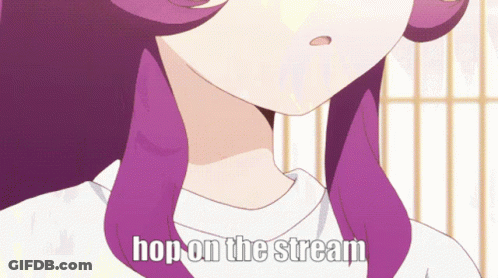 A Girl With Purple Hair And The Words Hop On The Stream GIF