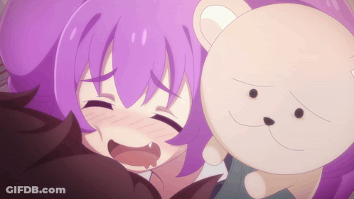 A Girl With Purple Hair Holds A Teddy Bear GIF