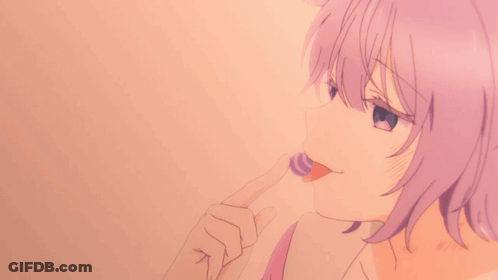 A Girl With Purple Hair Is Brushing Her Teeth With A Pink Toothbrush GIF