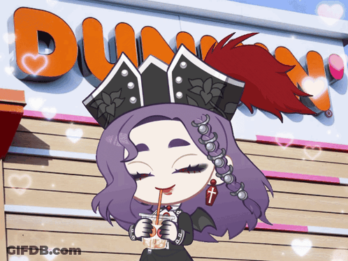 A Girl With Purple Hair Is Drinking Through A Straw In Front Of A Dunkin ' Donuts Sign GIF