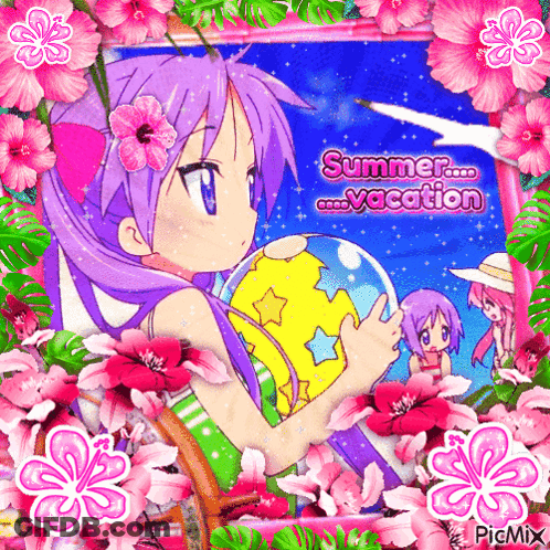 A Girl With Purple Hair Is Holding A Beach Ball With The Words Summer Vacation Written On It GIF