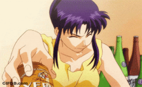 A Girl With Purple Hair Is Holding A Can That Says Yebisu On It GIF