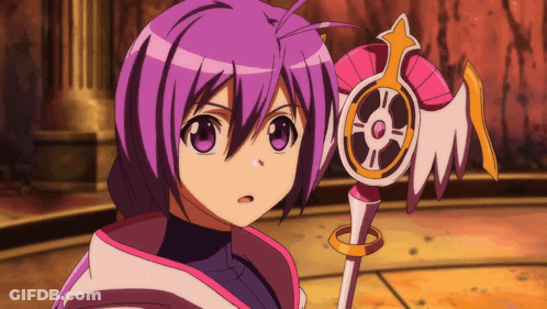 A Girl With Purple Hair Is Holding A Cane With Wings GIF