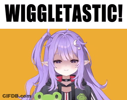 A Girl With Purple Hair Is Holding A Green Frog In Front Of A Sign That Says Wiggletastici GIF