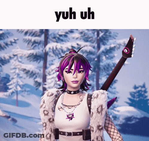 A Girl With Purple Hair Is Holding A Guitar In Front Of A Snowy Forest And The Words Yuh Uh Are Above Her GIF