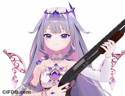A Girl With Purple Hair Is Holding A Shotgun In Her Hands GIF