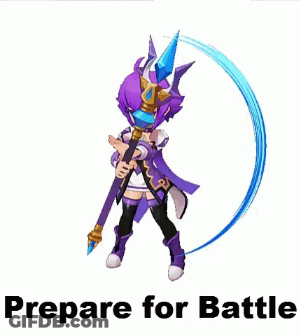 A Girl With Purple Hair Is Holding A Sword And The Words Prepare For Battle Are Below Her GIF