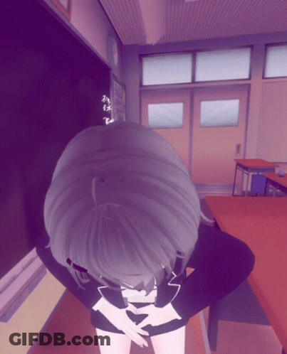 A Girl With Purple Hair Is Kneeling Down In Front Of A Blackboard With The Letter E On It GIF