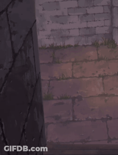 A Girl With Purple Hair Is Peeking Out From Behind A Stone Wall GIF