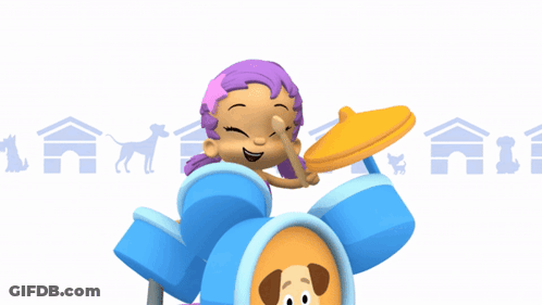 A Girl With Purple Hair Is Playing Drums With A Dog Behind Her GIF