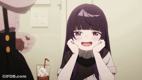 A Girl With Purple Hair Is Sitting At A Table With A Glass Of Milkshake GIF